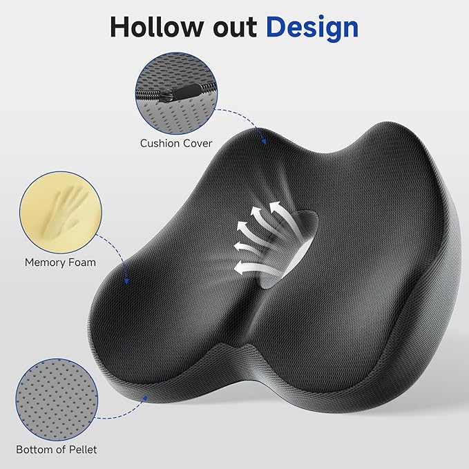 Benazcap Memory Foam Office Chair Cushion, Ergonomic Seat Cushion for Sciatica & Tailbone Pain Relief for Long Sitting for Gaming Chair and Car Seat- Black&Gray