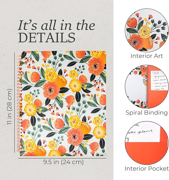 Steel Mill & Co Cute Large Spiral Notebook College Ruled, 11" x 9.5" with Durable Hardcover and 160 Lined Pages, Orange Floral