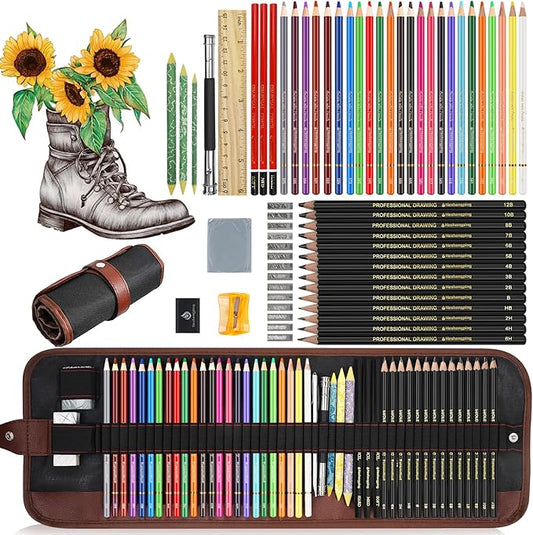 Sketching Drawing Art Pencil Kit-50 Piece Set with 24 Color Pencils for Adult Kid Coloring Books, 14 Graphite 3 Charcoal Erasers Etc., Artist Supplies Ideal for Adult, Kid,Student, Beginner