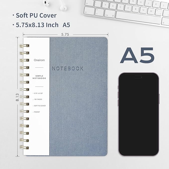 Lined Spiral Notebook College Ruled A5 Journal Book for Note Taking, 160 Pages Writing Journal for Office and Home School Supplies 5.75x8.125 inch (3pack-ReefBlue/Grey/Black)