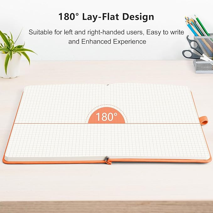 RETTACY Graph Grid Paper Notebook, 192 Pages, A5 Medium Size (5.7'' x 8.3''), 5 Squares per Inch, Leather Hardcover, 100 GSM Thick Paper, for School, Students, Math, Engineering (Orange)