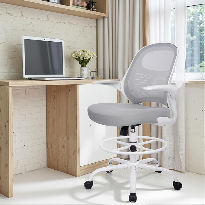 HYLONE Tall Drafting Chair Standing Desk Chair with Flip-Up Armrests, Adjustable Height Ergonomic Office Chair with Footrest Ring - High Stool Chair for Standing Desk (Light Grey)