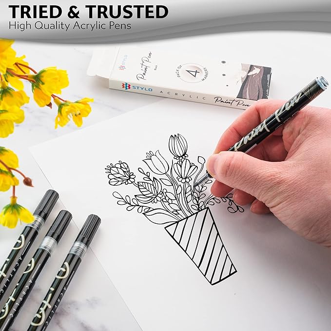 Stylo 4 Count Acrylic Metallic Pens - Black Paint Pens - Fine Tip Permanent Acrylic Metallic Paint Markers for Rock Painting, Glass, Wood, Ideal for Arts and Crafts (Pack of 4, Black)
