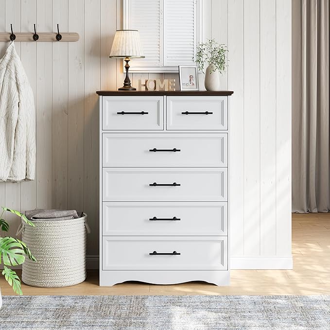 White Farmhouse Dresser for Bedroom, Modern 6 Chest of Drawers, 44" Tall Chest of Drawers w/Brushed Metal Handle, Wood Closet Organizers and Storage Cabinet for Bedroom, Living Room, Hallway