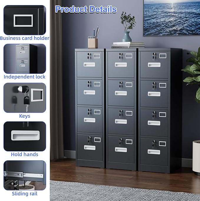 4 Drawer File Cabinet, Metal Vertical Filing Cabinet with 4 Lock,Office Home File Cabinet with Name Card Holder for A4 Letter/Legal Size, 14.96" W x 17.72" D x 55.2" H, Assembly Required(Black)