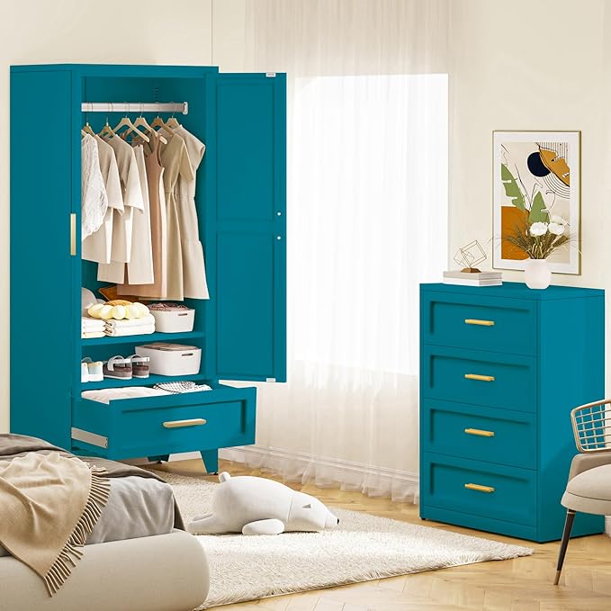 Metal Wardrobe Cabinet,71 Armoire Wardrobe Closet with Drawers and Hanging Rod,Metal Armoire with Adjustable Shelves for Closet,Bedroom,Farmhouse Storage Cabinet with Drawer(Blue)