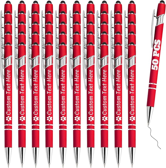 Personalized Pens Bulk 50 with Name Custom Engraving Ballpoint Pens with Stylus Tip Customized Smooth Writing Pens Personalized Gifts for Anniversary Birthday or Graduation(Red,Black Ink)