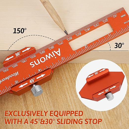Woodworking Ruler Pocket Rule -12/8/6 Inch Precision Pocket Ruler with 45°& 30°Metal Slide Stop - Wood Marking Ruler Metric Inch Measuring Scribing Rulers - Aluminum Alloy Square Ruler