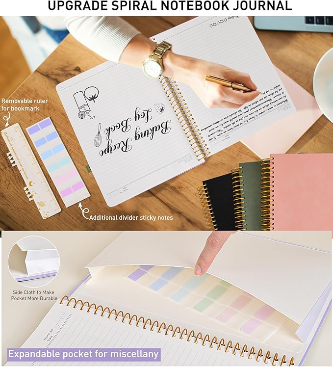 A4 Spiral Notebook Journal 8.5” x 11”, 256 Numbered Pages Hardcover Leather Journals for Women Men, Large Lined College Ruled Notebooks, 100GSM Thick Paper, Spiral Bound Journal for Work School, Purple