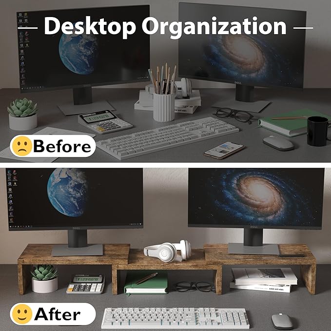 BONTEC Dual Monitor Stand Riser with Smartphone Holder, Adjustable Length & Swivel Angle, Ergonomic Wooden Desktop Organizer for PC Monitor, Laptop, Printer, Large Storage, Rustic Brown