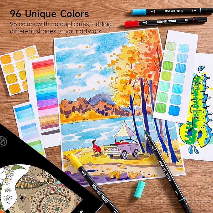 Shuttle Art Dual Tip Brush Pens, 96 Colours Fine and Brush Tip Markers Set with Pen Holder & 1 Colouring Book, Felt Tip Colouring Pens for Adults and Children Colouring Calligraphy Journal Doodling