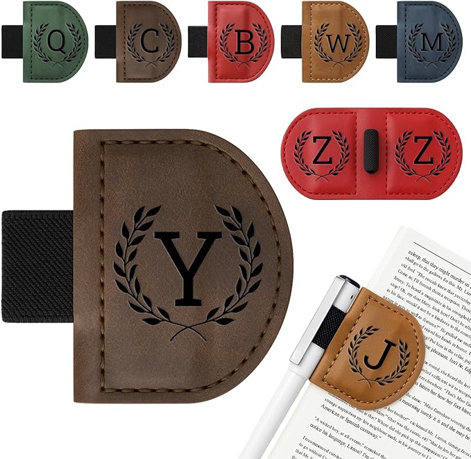 Personalized Bygone Mark Bookmark with Pen Holder,Engraving Leather Magnetic Bookmarks Vintage 26 Letters Name Initials Text Book Marker Clips Gifts for Reading Book Lovers Women (Coffee, Y)