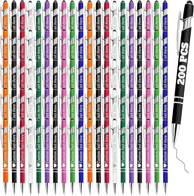 Personalized Pens Bulk 200 with Name Custom Engraving Ballpoint Pens with Stylus Tip Customized Smooth Writing Pens Personalized Gifts for Anniversary Birthday or Graduation(Assorted,Black Ink)