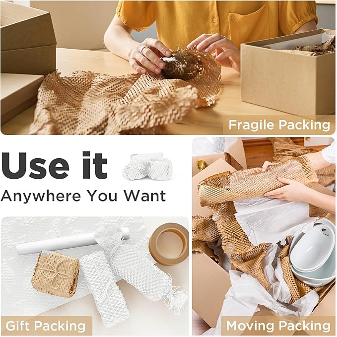 Honeycomb Packing Paper, 12"x200' White | Perforated Honeycomb Packing Paper Recyclable Moving Supplies for Shipping & Moving | Plastic-Free Alternative to Bubble Cushion Wrap with 36 Fragile Stickers