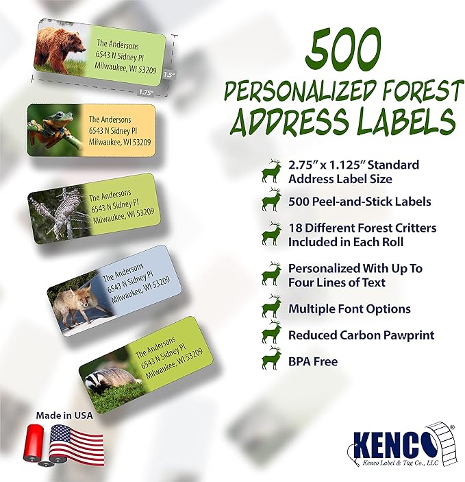 Customized Personalized Address Labels - Made in The USA by Kenco (500 Labels, Forest Wildlife)
