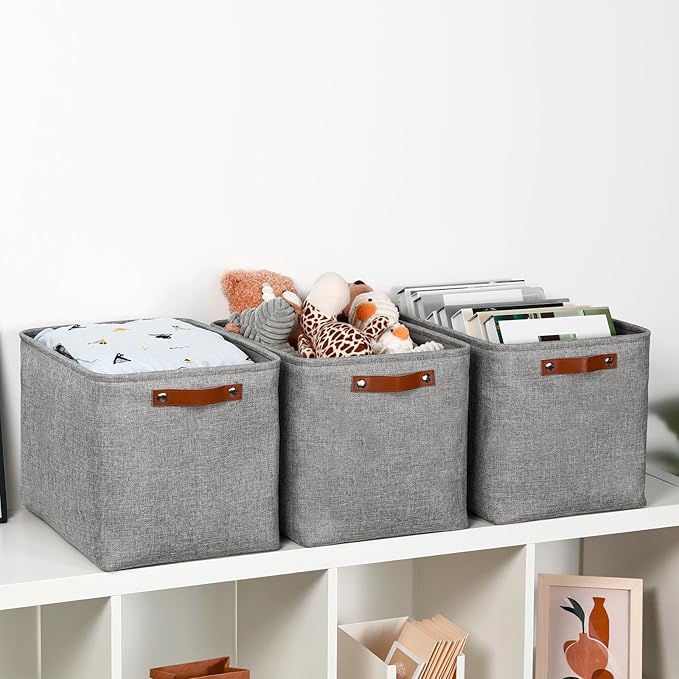 DULLEMELO Large Storage Baskets, 3 Pack Foldable Storage Baskets Bins for Colthes Organizer, Fabric Storage Organizer Baskets for Shelves Closet Nursery Toy Storage(Gray)