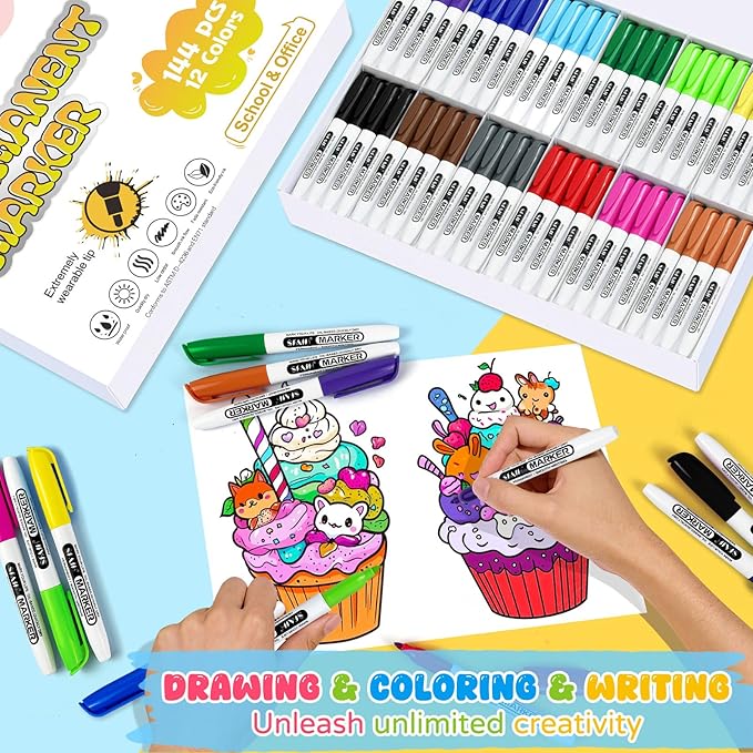 SFAIH 144 Pack Permanent Markers Bulk - Classroom Set, 12 Vibrant Colors, Works on Paper, Clothes, Plastic, Fabric, Wood, Student Art Supplies, Drawing, Coloring, Non-Toxic, Classroom Group Supplies