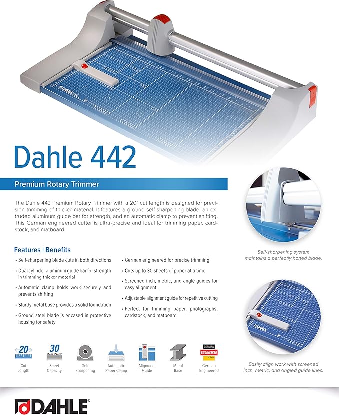Dahle 442 Premium Rotary Trimmer, 20" Cut Length, 30 Sheet Capacity, Self-Sharpening, Automatic Clamp, German Engineered Paper Cutter