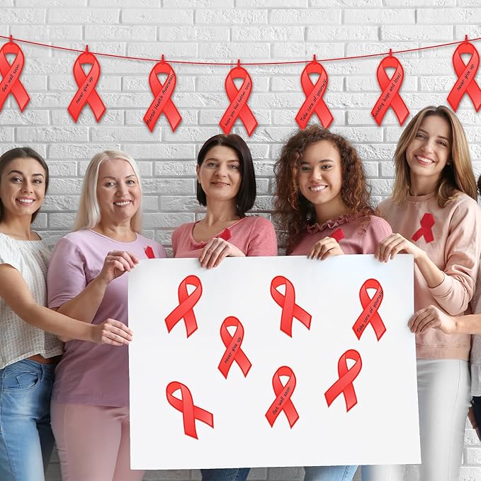 Kosiz 100 Pack Large Red Ribbon Awareness Set 100 Red Ribbon Week Cutouts Drug Free Heart Disease HIV Aids Awareness Items 2 Marker Pens 100 Wooden Clips with Rope for Public Charity Party Supplies