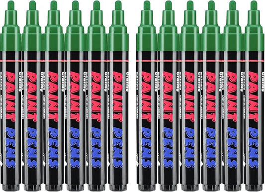 Green Paint Pens Paint Markers - 12 Pack Permanent Quick Dry Waterproof Marker Pens for Rocks Wood Fabric Plastic Canvas Glass Mugs Metal Tire Stone