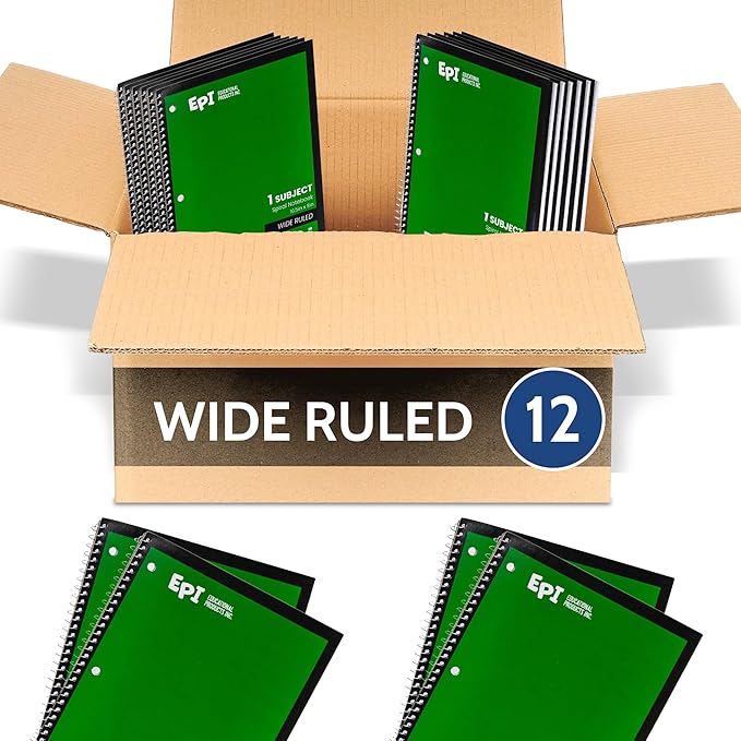 EPI Spiral Notebook | Wide - 70 Sheets, Durable Spiral Binding | 10.5 x 8 in | Classroom Supplies | School, Office, Note Taking, Journaling - 12 Pack