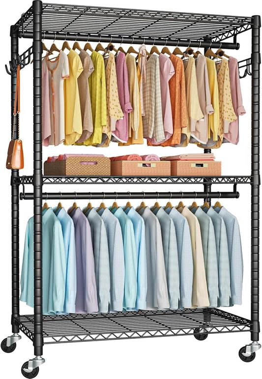 P1 Plus Rolling Clothes Rack, 22mm Diameter Heavy Duty Garment Rack with Wheels, Portable Closet Wardrobe with Double Rods, 45" W x 17.7" D x 80.5" H, Max Load 524 LBS, Black