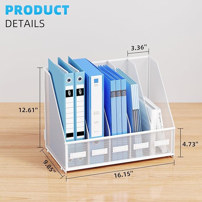 Marbrasse File Organizer for Desk,Desk File Organizer with 5 Vertical Compartments Mesh Magazine File Holder for Office Home School