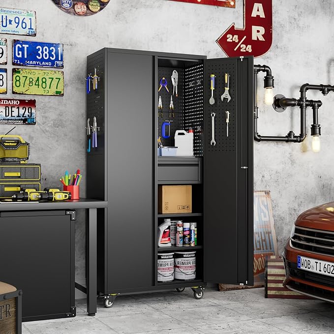 Aobabo Garage Storage Cabinet with Wheels, Metal Tool Storage Cabinet with 1 Drawer for Home,Assembly Required,Black