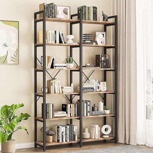 oneinmil Bookshelf 6 Tier, 71.5'' Industrial Wood Bookshelves, Book Shelf with 12 Open Display Shelves & Metal Frame, Tall Bookcase for Home and Office, Rustic Brown