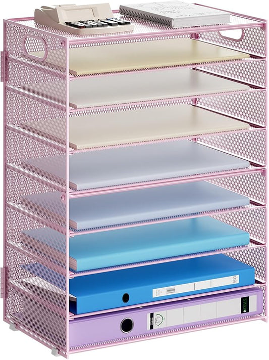 Marbrasse Paper Organizer Letter Tray, 9 Tier Mesh File Organizer with Handle, Paper Sorter Desk Organizer for Home Office Supplies - Pink