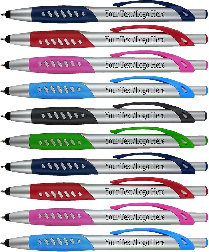 Personalized Pens With Custom Logo or Text-300 Pack Bulk-for Businesses, Parties, and Events, 2 in 1 Ballpoint Pen & Capacitive Stylus for Touchscreen Devices, Click Action, Assorted Colors, Black Ink