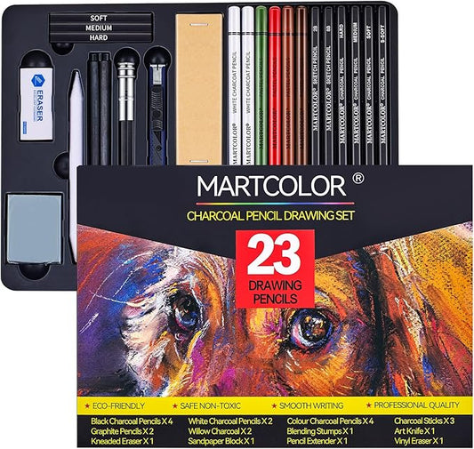 Charcoal Drawing Set, Set of 23, Graphite Pencils, Black & White Charcoal Pencils for Drawing, Sketching, Shading, Blending, Artist Pencils for Beginners & Pro Artists ﻿