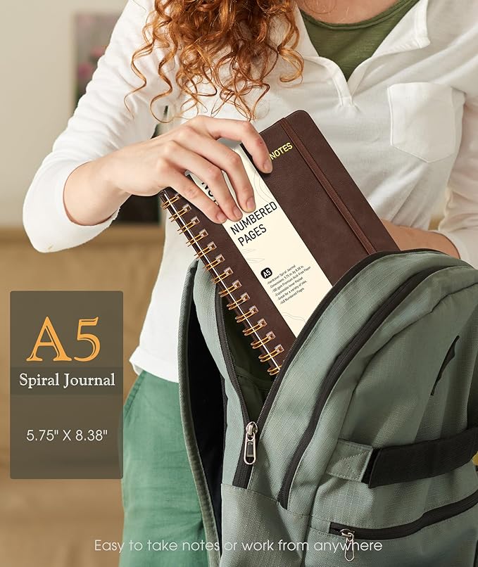 Lined Spiral Journal Notebook, A5 Hardcover Spiral Journals for Women Men, 150 Numbered Pages Spiral Bound Notebook, 100 GSM College Ruled Notebooks for Writing Note Taking 5.75" x 8.38", Dark Brown