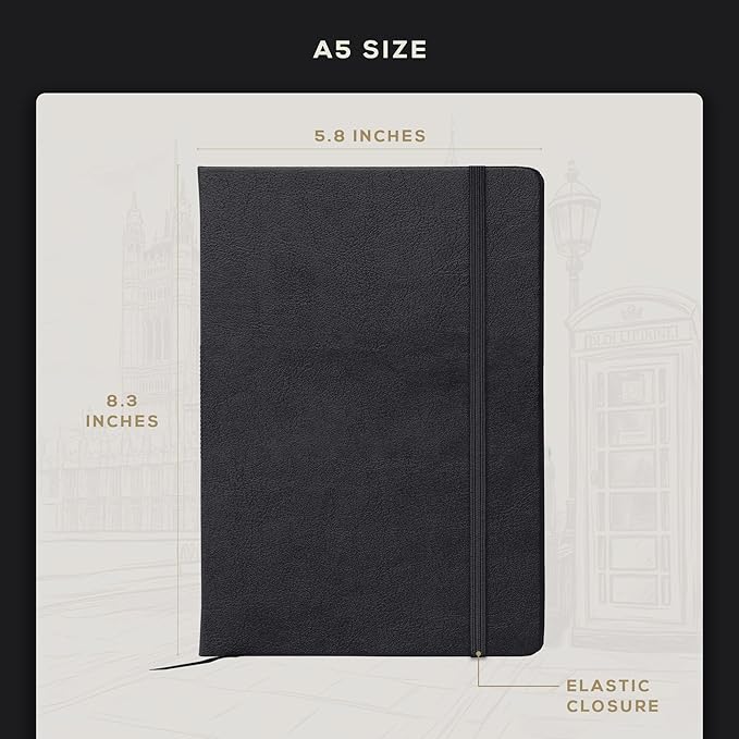 BEECHMORE BOOKS Lined Journal Notebook, 5.8 x 8.3 inch, A5 160 Lined Pages, Hardcover Leather Journals for Women, Men, Writing and Notebooks for Work - 120 GSM Thick Paper, Gifts Box Included