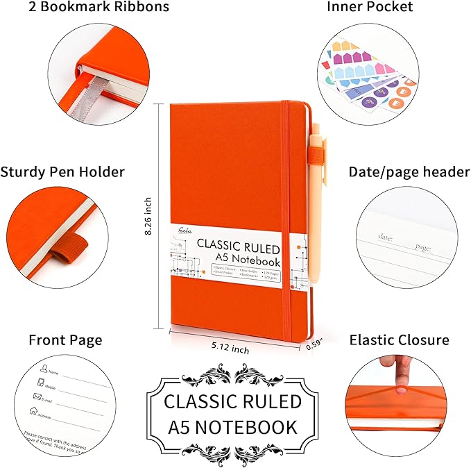 feela 3 Pack Notebooks Journals Bulk with 3 Black Pens, A5 Hardcover Notebook Classic Ruled Lined Journal Set with Pen Holder for Work Business Journaling Note Taking, 120 GSM, 5.1”x8.3”, Orange