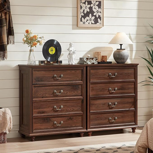 Farmhouse 4 Drawer Dresser Set of 2 for Bedroom, 37" Tall Rustic Chests of Drawers w/ 4 Solid Wood Feet, Mid Century Vintage Wooden Closet Storage Dressers Organizer for Living Room, Brown