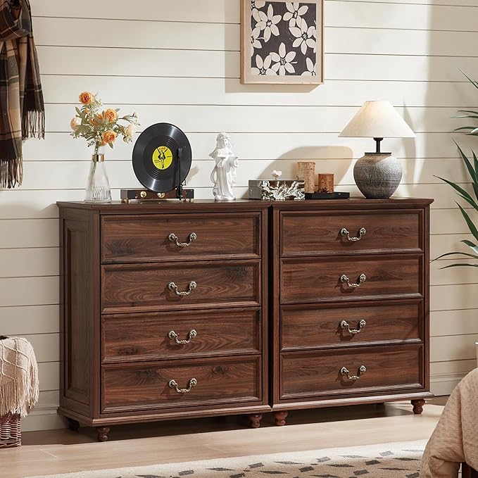 Farmhouse 4 Drawer Dresser for Bedroom, 37" Tall Rustic Chests of Drawers w/ 4 Solid Wood Feet, Mid Century Modern Wooden Closet Storage Dressers Organizer for Living Room, Hallway, Brown