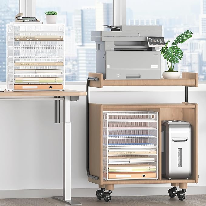 SUBEKYU 9 Tier Paper Letter Tray Desk Organizer with Handles - White Metal Mesh File Holder Paper Sorter Desk Organizer for Office Home School, Include 6 Pcs Adjustable Slid Tray, 6 Colors Available