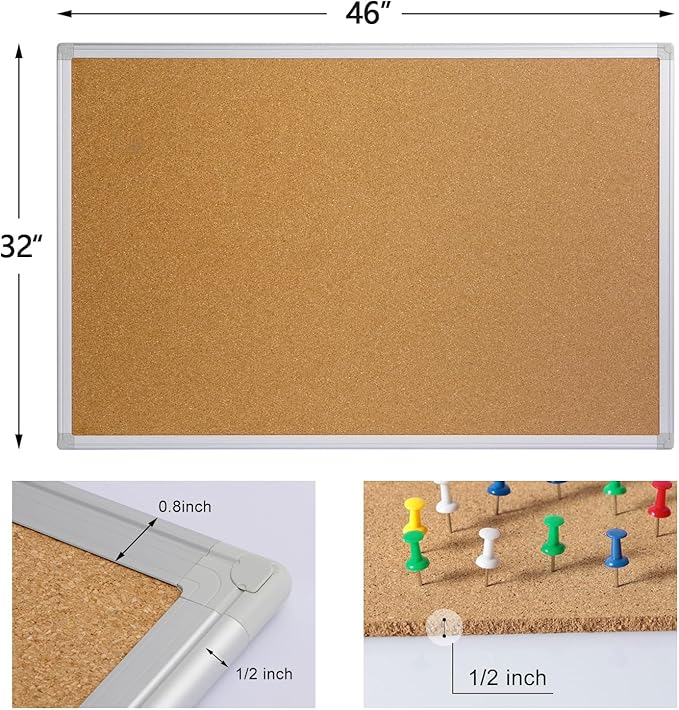 Board2by Large Cork Board Bulletin Board 48 x 36, Silver Aluminium Framed 4x3 Corkboard, Office Board for Wall Cork, Wall Mounted Notice Pin Board with 15 Push Pins for School, Home & Office