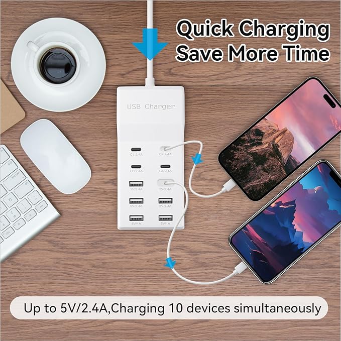 USB Charging Station, 10 Ports Family-Sized USB C Charger Block,USB Power Strip for Smart Phone Tablet Laptop Computer（2 Pcs）