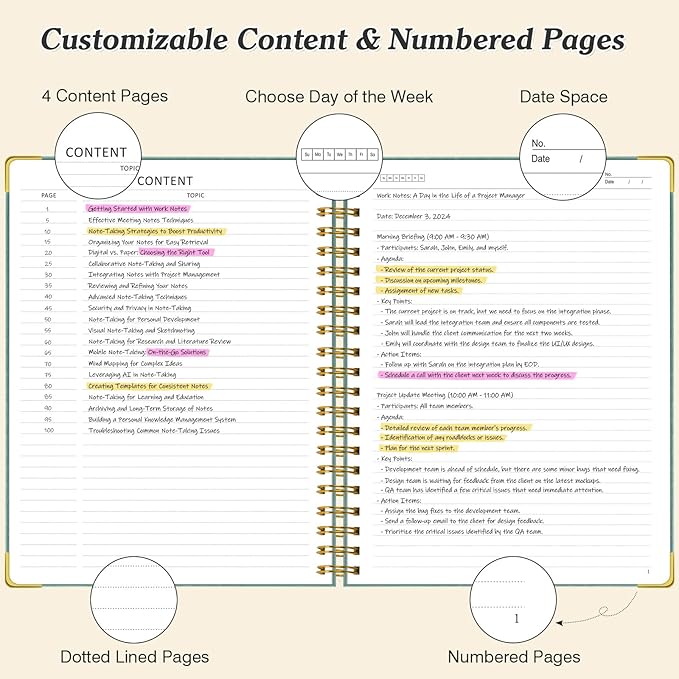 Spiral Notebook, 300 Numbered Pages Notebooks College Ruled with Contens, 100GSM Thick Journal for Women Men, Hardcover Leather Lined Journal for Writing, Large A5 Journaling Notebooks for Work School