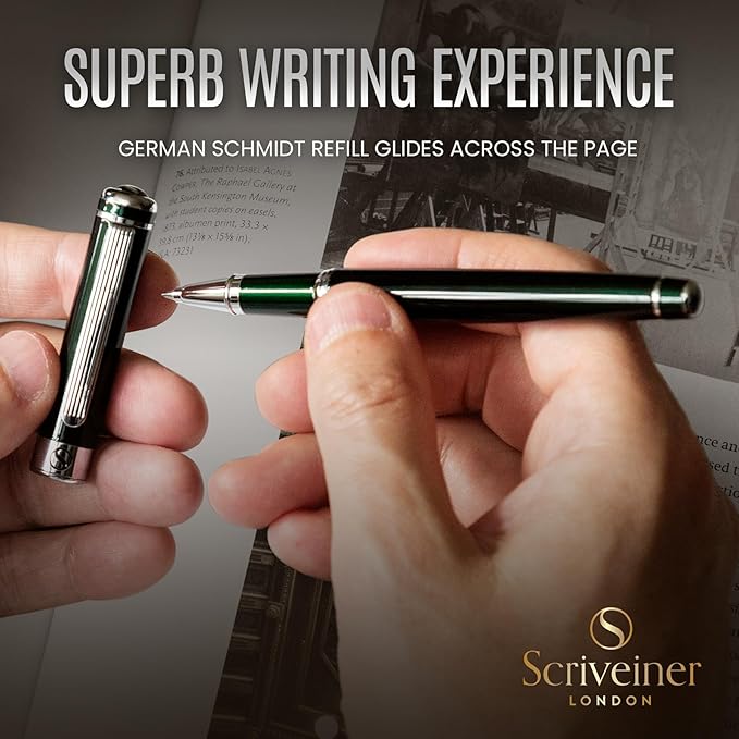 Scriveiner British Racing Green Rollerball - Stunning Luxury Pen With Chrome Finish, Schmidt Ink Refill, Best Roller Ball Pen Gift Set for Men & Women, Professional, Executive Office, Nice Pens