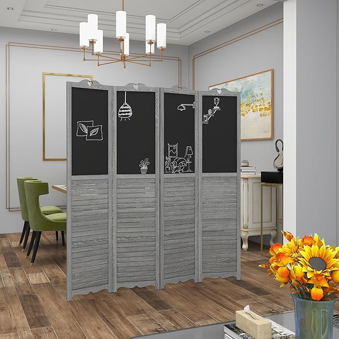 NicBex Room Divider 4 Panel Room Dividers with Black Boards Partition Room Dividers and Folding Privacy Screens 5.5 FT Wall Divider for Home, Office, Room Separation,63.75"W x 0.75"D x 67.75"H,Gray