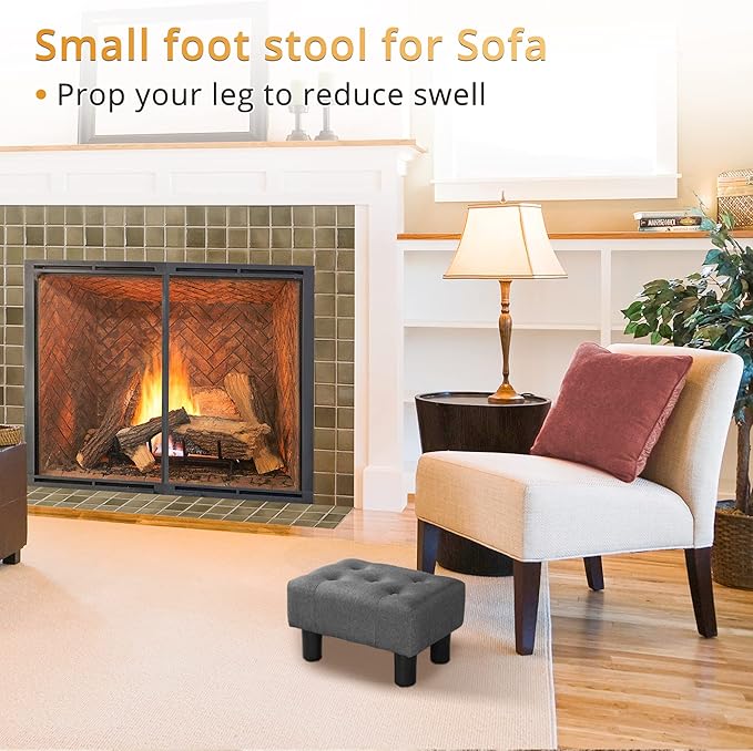 LUE BONA Small Tufted Foot Stool, Fabric Foot Stools Ottoman with Plastic Legs, 9''H, Rectangle Footstool for Adult with Non-Slip Pads, Sofa Foot Rest for Living Room, Couch,Carbon Grey