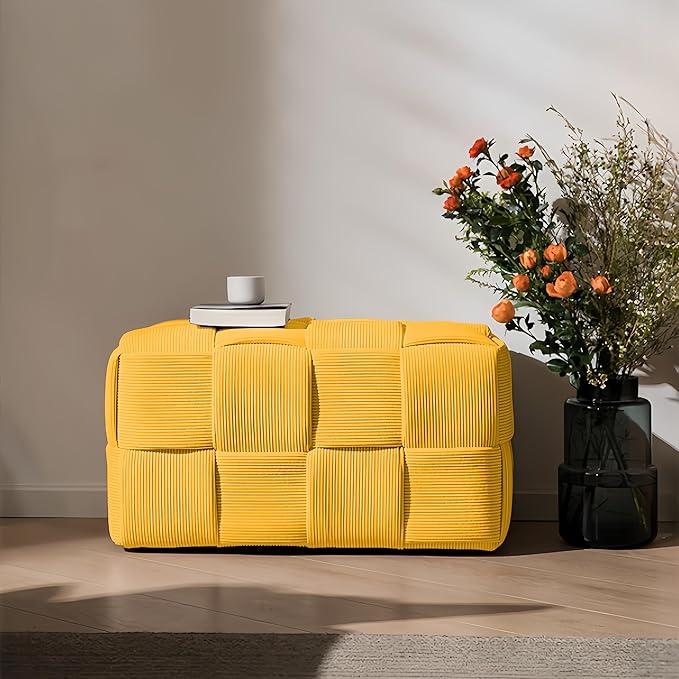 Ottoman Foot Rest Soft and Comfortable Ottoman Square Corduroy Woven Design Sofa Stool (Yellow-L)