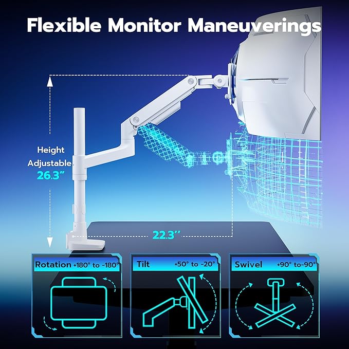 ARES WING Heavy-Duty Monitor Mount for 17-49 inches Ultrawide Curved Flat Monitors, Holds 44lbs, with Extended Column for Desk, Adjustable Gas Spring, White