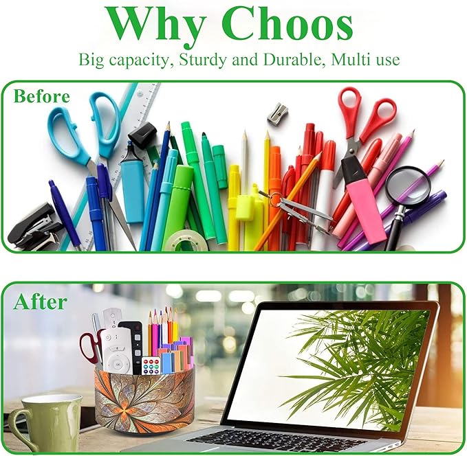 lizimandu Round Leather Art Supply Organizer,Remote Control Holder,360 Degree Rotating,Multi-Functional Pencil Holder,4 Compartments Desktop Stationary Organizer(1-Orange Flower)