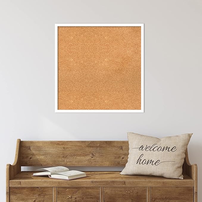 Amanti Art Natural Cork Board for Wall, 25x25 Vision Board with White Frame, Medium Corkboard Office Decor for Home Organization, Modern Corkboard Pinboard to Display Items for Home Organization in