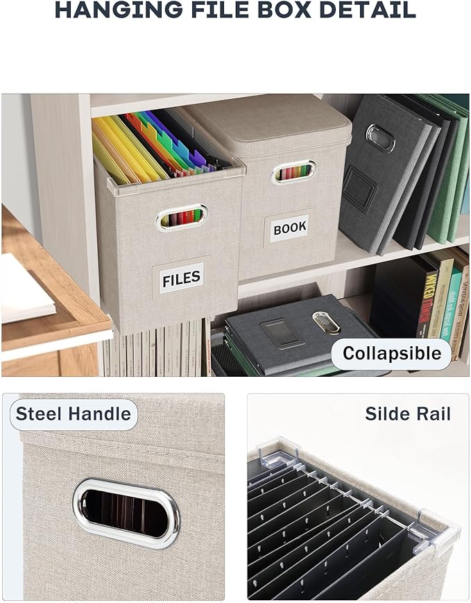 Oterri File Organizer Box with Lid, Hanging Filing File Box with Mesh Pocket, Document Organizer Box for Letter Files, Portable Storage Box with Smooth Sliding Rail for Office&Home (1 PCS, Beige)