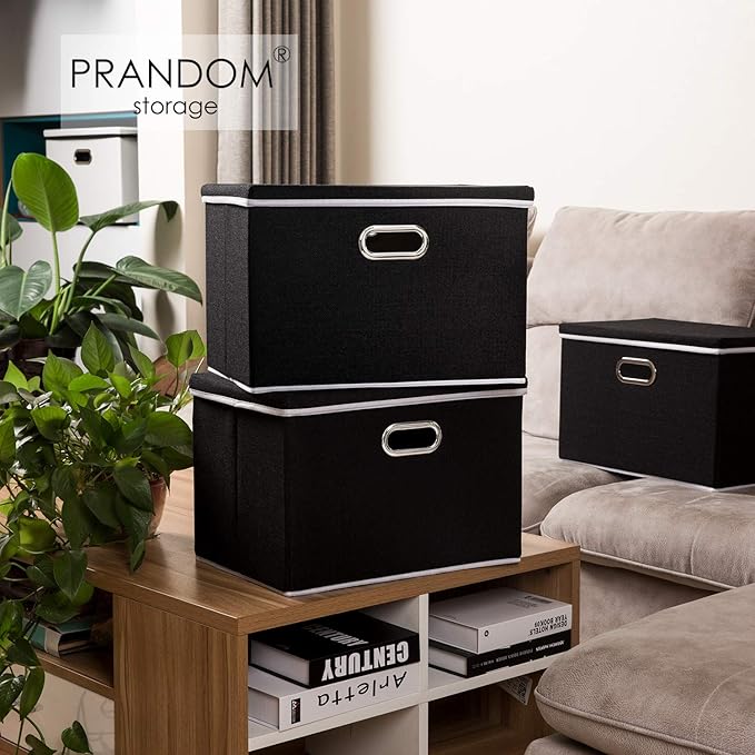 PRANDOM Large Foldable Storage Boxes with Lids [5-Pack] Organizer Containers Baskets Cube with Cover for Home Bedroom Closet Office Black17.7x11.8x11.8 For 6+ Year Old Boys and Girls